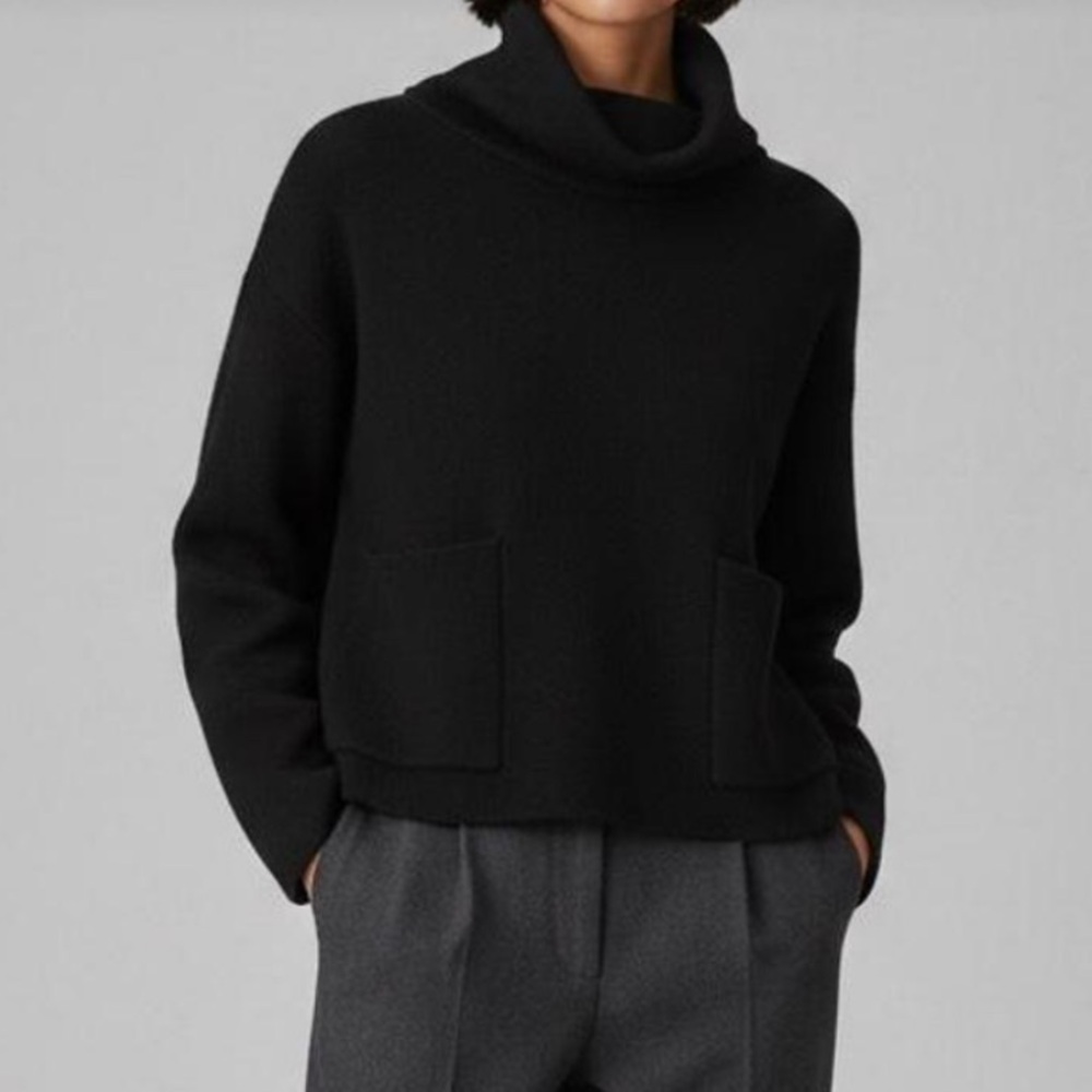 Truth by Republic Black Cropped Sweater, cowl neck 3/4 sleeves Pockets Sz Small